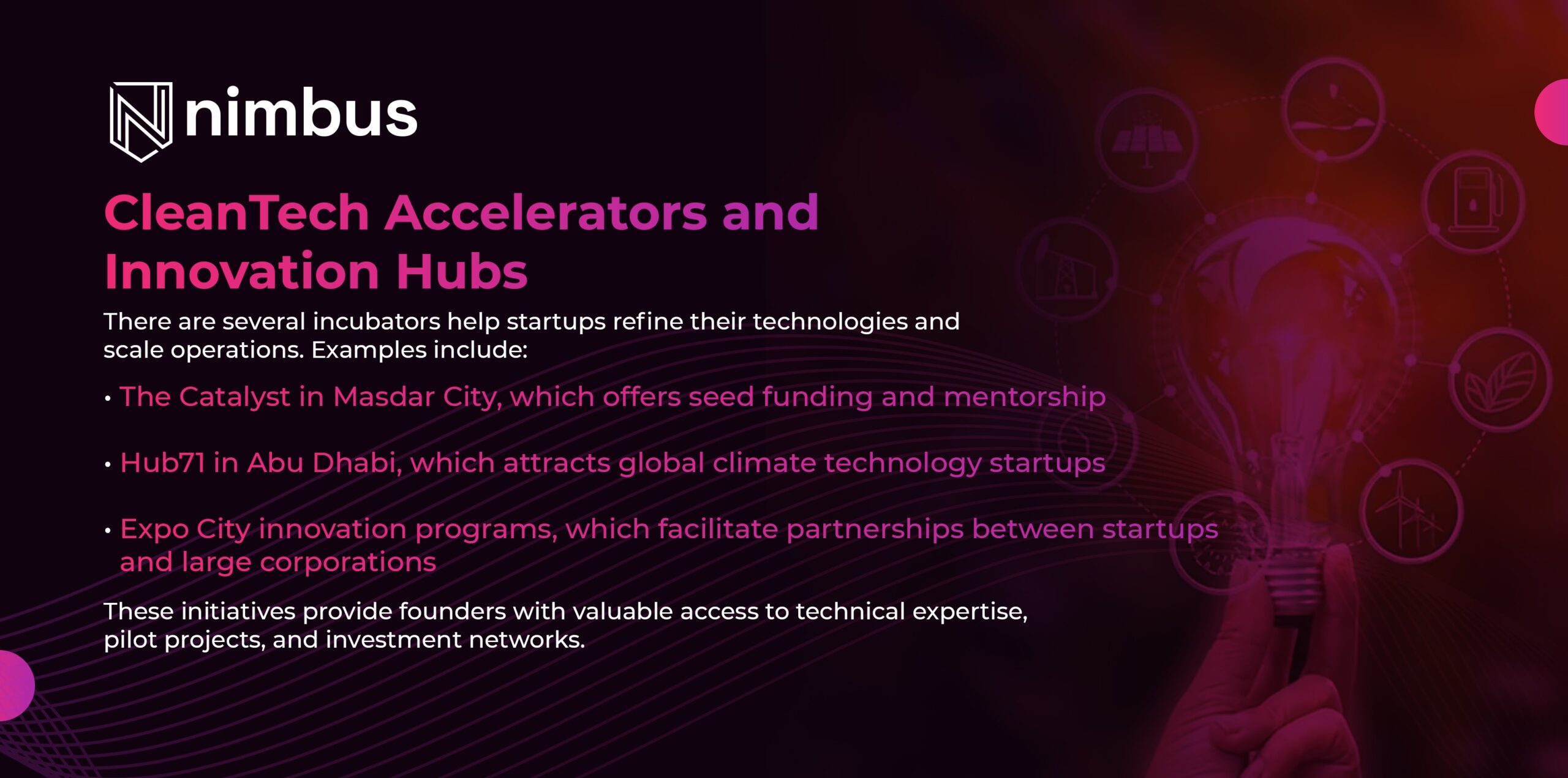Overview of innovation hubs in the UAE supporting clean technology startups with funding, mentorship, and collaboration opportunities