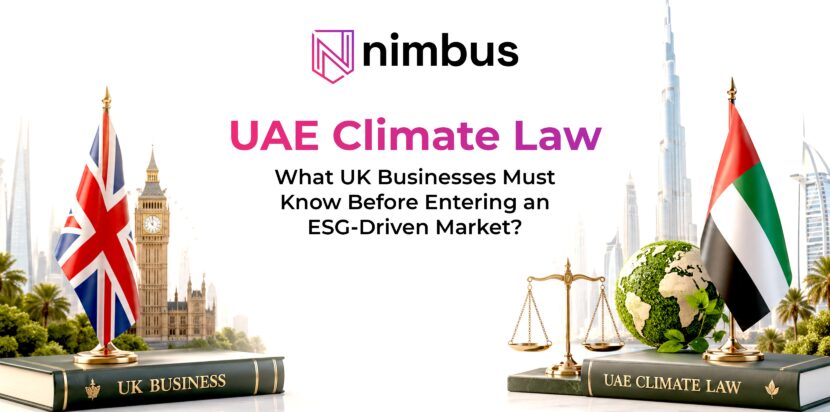 UAE Climate Law guide for UK businesses entering an ESG-driven market with UK and UAE flags, legal scales, and sustainability imagery
