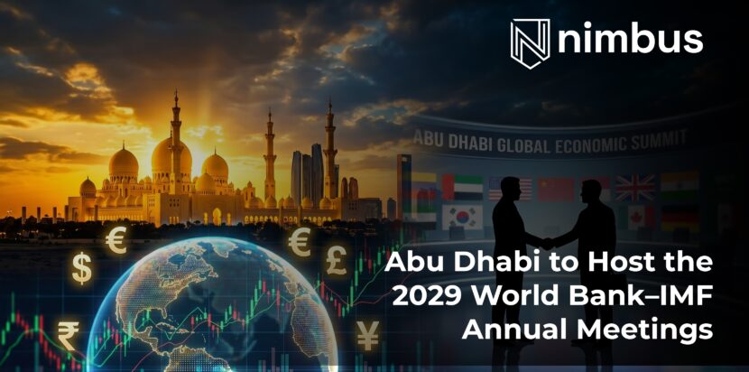 Abu Dhabi skyline with global economic symbols representing UAE hosting the 2029 World Bank and IMF Annual Meetings