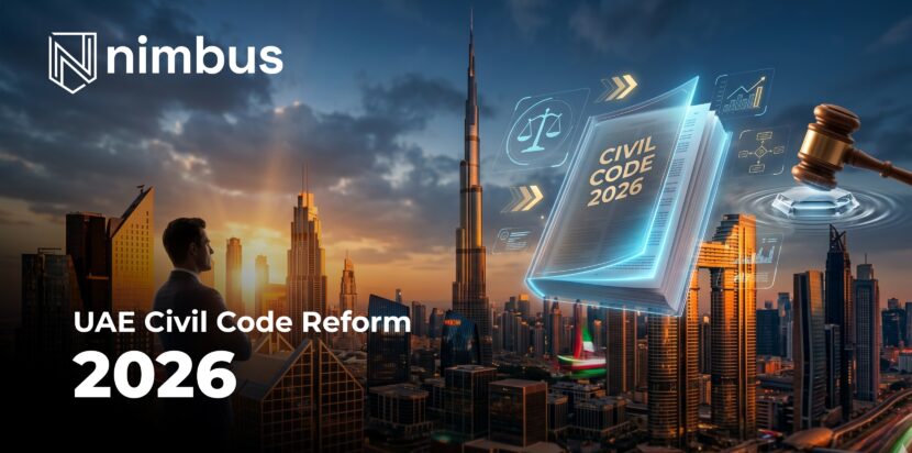 UAE Civil Code Reform 2026 visual showing Dubai skyline with legal symbols representing business law changes and commercial regulations