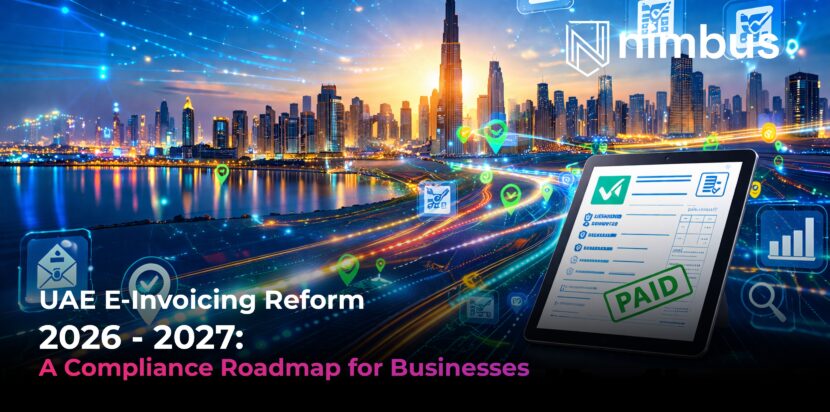 Featured banner for UAE e-invoicing reform 2026–2027 showing a digital invoice, Dubai skyline, and compliance roadmap for businesses.