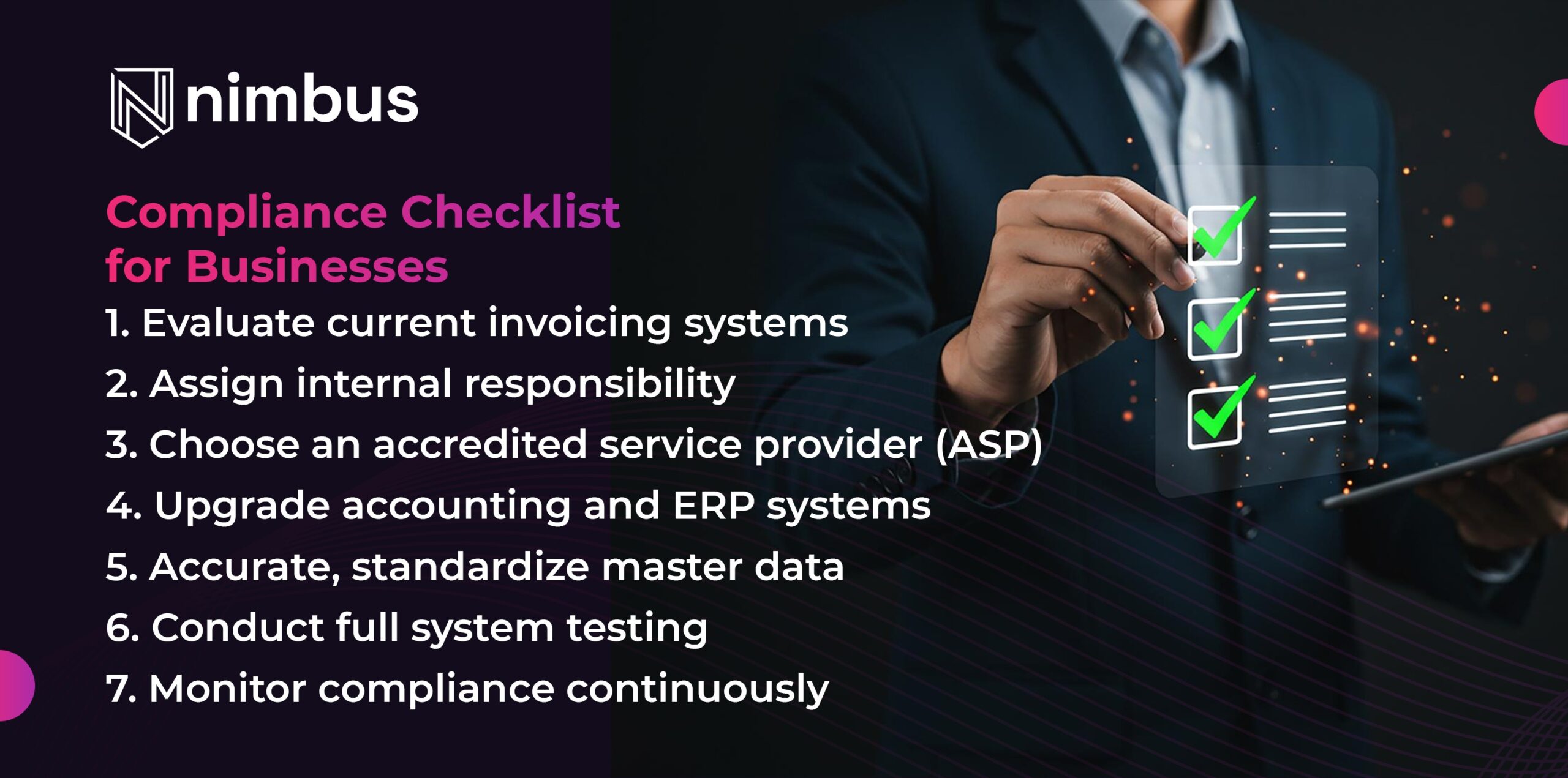 Compliance checklist for UAE e-invoicing showing key preparation steps for businesses including system evaluation, ERP upgrades, ASP selection, and compliance monitoring.