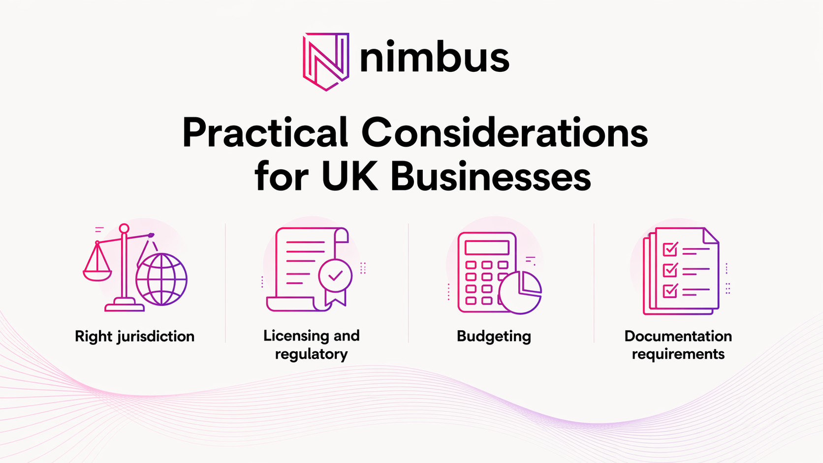 Nimbus graphic showing practical considerations for UK businesses including jurisdiction, licensing, budgeting, and documentation requirements.
