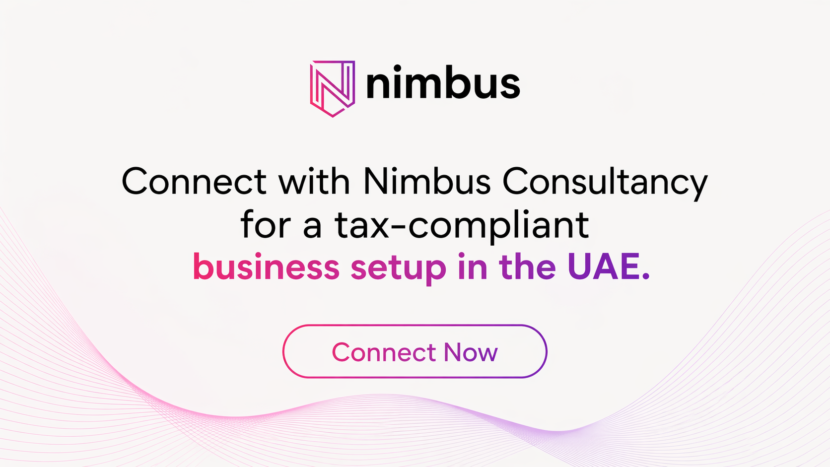 Nimbus Consultancy call-to-action graphic for tax-compliant business setup in the UAE with Connect Now button.